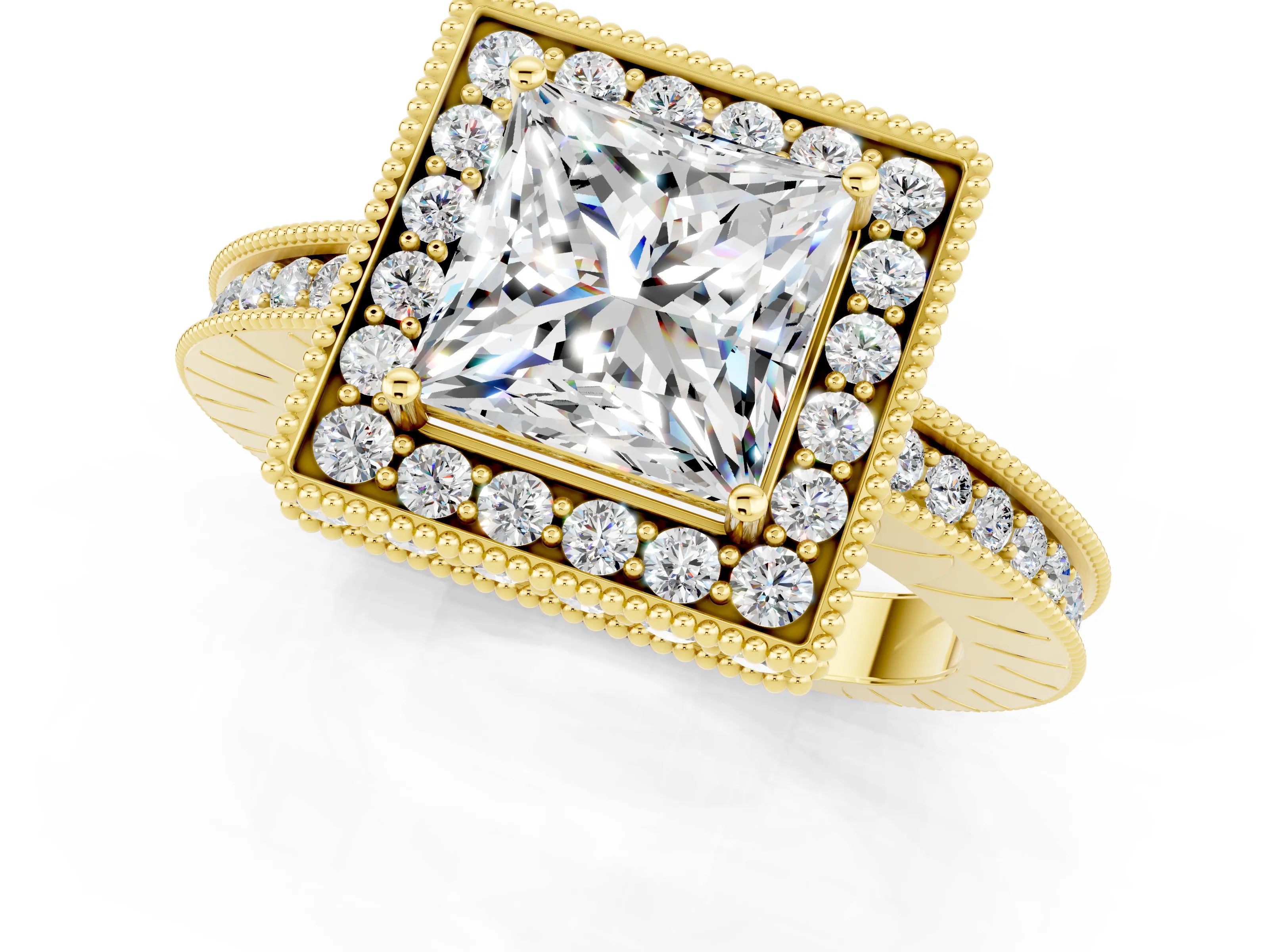 Yellow gold Princess Cut Halo Diamond Engagement Ring with Milgrain Pave Band and Four-Prong Setting_21