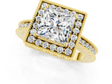 Yellow gold Princess Cut Halo Diamond Engagement Ring with Milgrain Pave Band and Four-Prong Setting_21