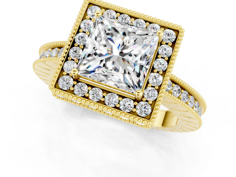 Yellow gold Princess Cut Halo Diamond Engagement Ring with Milgrain Pave Band and Four-Prong Setting_21