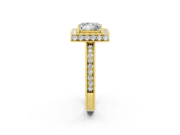 Yellow gold Princess Cut Halo Diamond Engagement Ring with Milgrain Pave Band and Four-Prong Setting