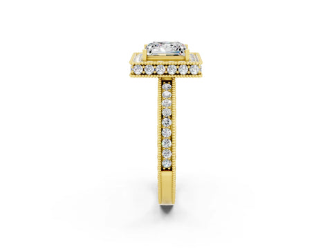 Yellow gold Princess Cut Halo Diamond Engagement Ring with Milgrain Pave Band and Four-Prong Setting_22