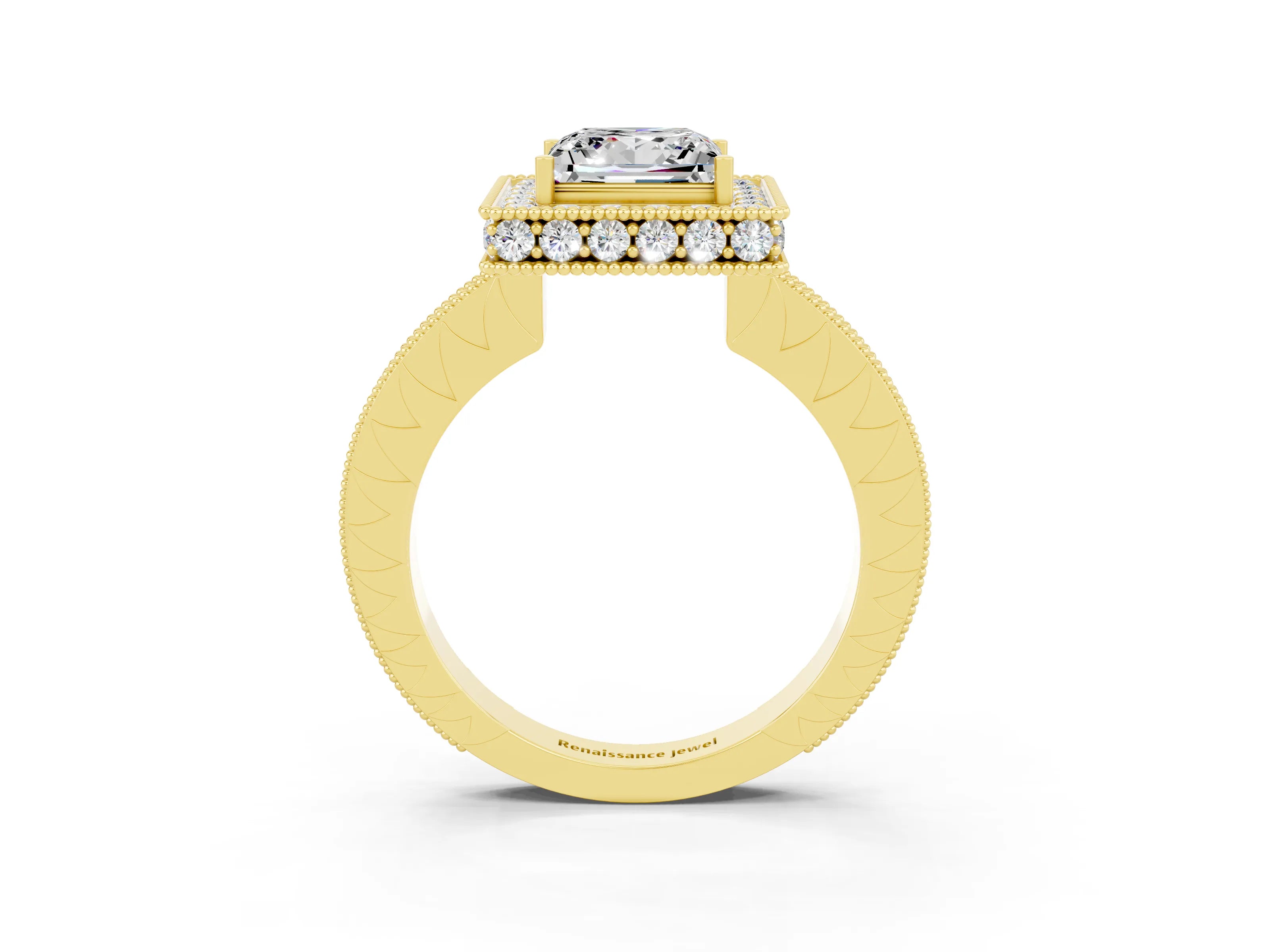 Yellow gold Princess Cut Halo Diamond Engagement Ring with Milgrain Pave Band and Four-Prong Setting_23