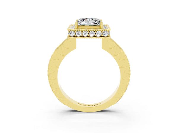 Yellow gold Princess Cut Halo Diamond Engagement Ring with Milgrain Pave Band and Four-Prong Setting