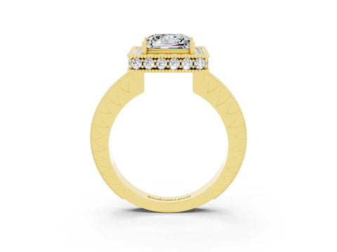 Yellow gold Princess Cut Halo Diamond Engagement Ring with Milgrain Pave Band and Four-Prong Setting_23