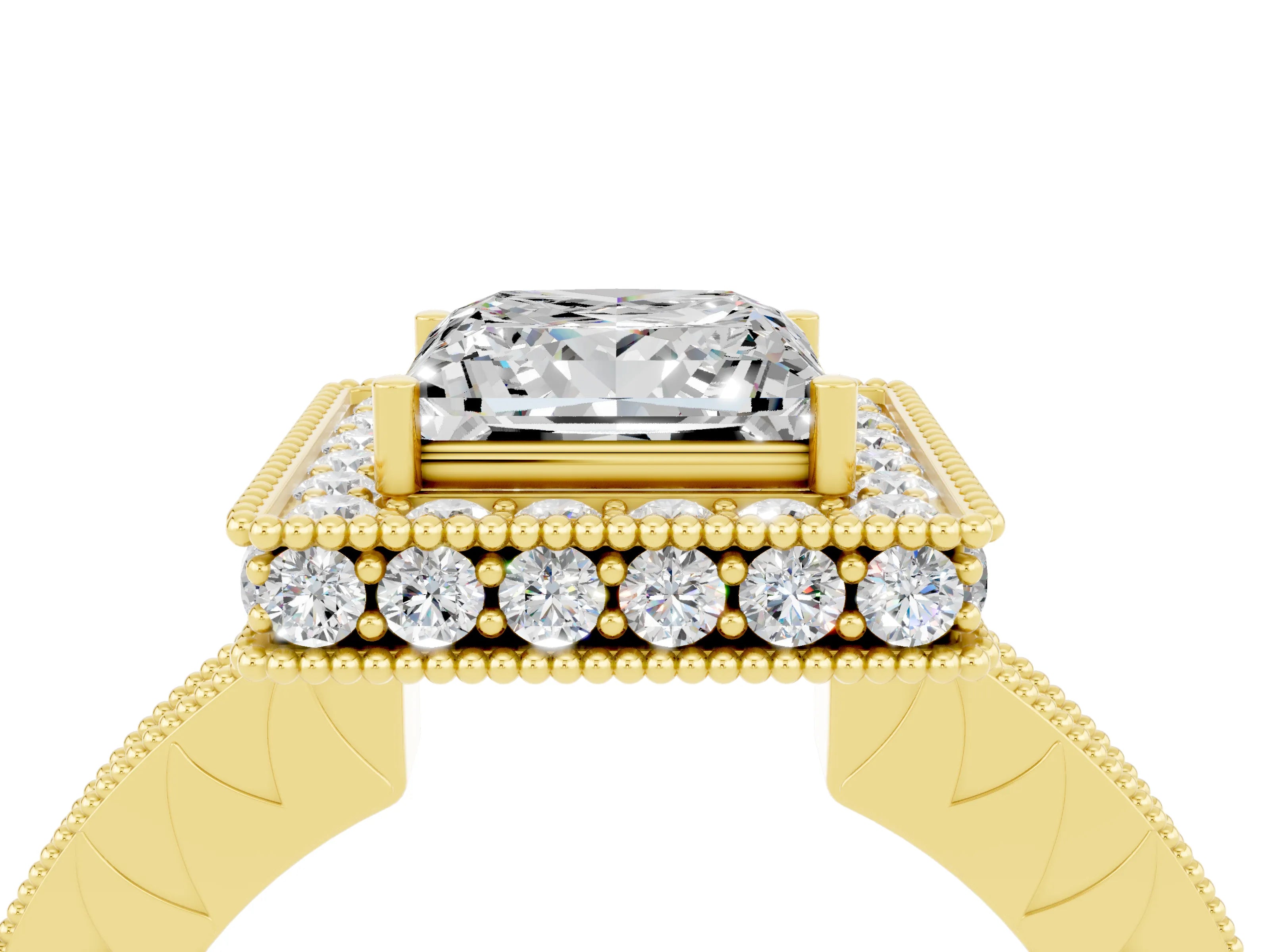 Yellow gold Princess Cut Halo Diamond Engagement Ring with Milgrain Pave Band and Four-Prong Setting_24