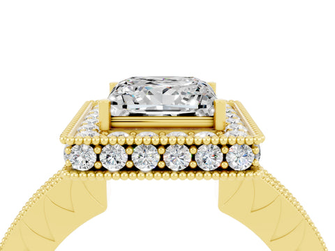 Yellow gold Princess Cut Halo Diamond Engagement Ring with Milgrain Pave Band and Four-Prong Setting_24
