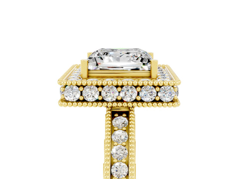 Yellow gold Princess Cut Halo Diamond Engagement Ring with Milgrain Pave Band and Four-Prong Setting_25