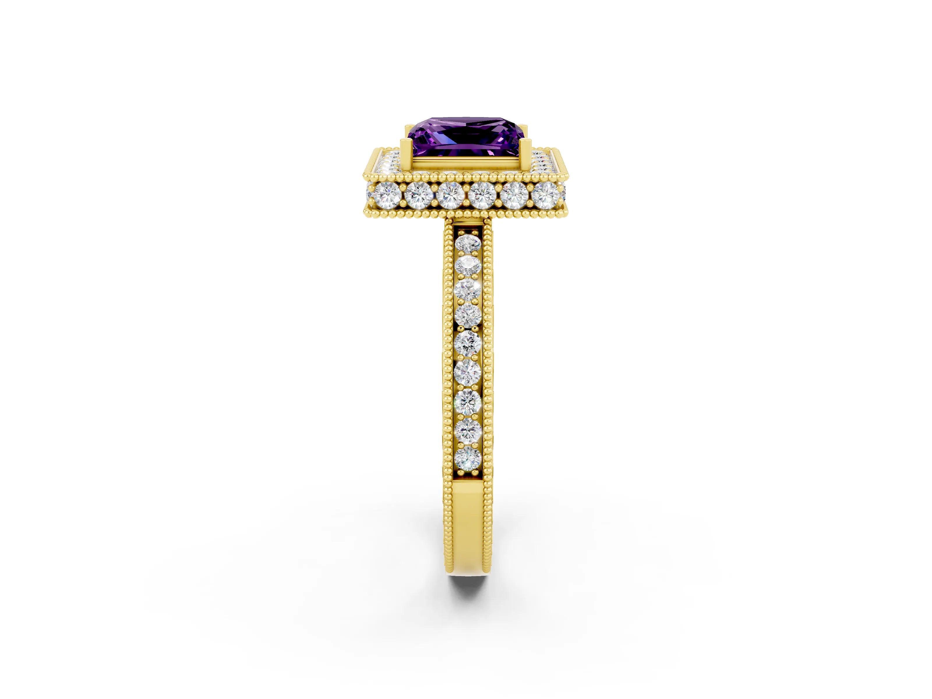 Yellow gold Princess Cut Halo Diamond Engagement Ring with Milgrain Pave Band and Four-Prong Setting_2