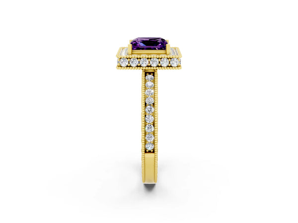 Yellow gold Princess Cut Amethyst Milgrain Halo Engagement Ring with Round Pavé Band and Prong Setting
