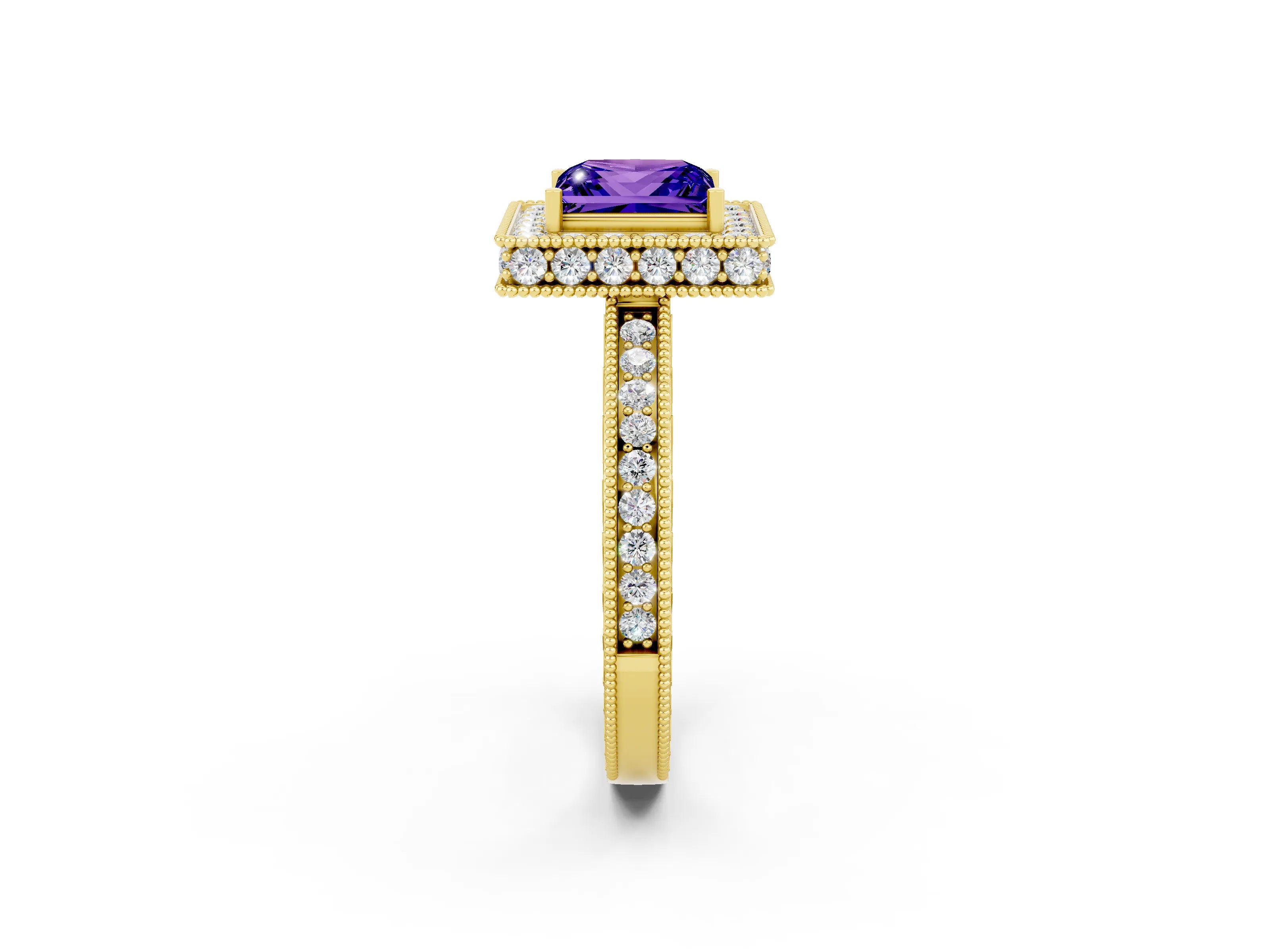 Yellow gold Princess Cut Halo Diamond Engagement Ring with Milgrain Pave Band and Four-Prong Setting_2