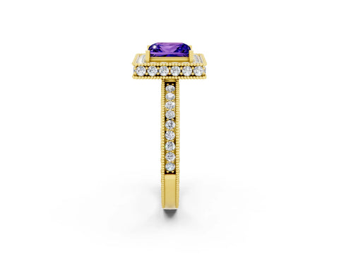 Yellow gold Princess Cut Halo Diamond Engagement Ring with Milgrain Pave Band and Four-Prong Setting_2