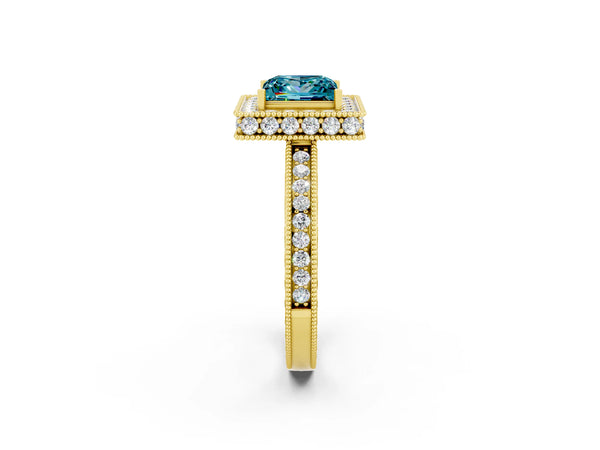 Yellow gold Princess Cut Halo Diamond Engagement Ring with Milgrain Pave Band and Four-Prong Setting