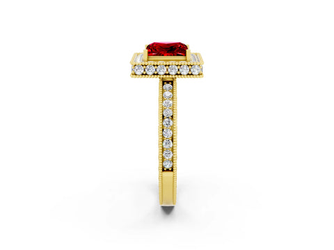 Yellow gold Princess Cut Halo Diamond Engagement Ring with Milgrain Pave Band and Four-Prong Setting_2
