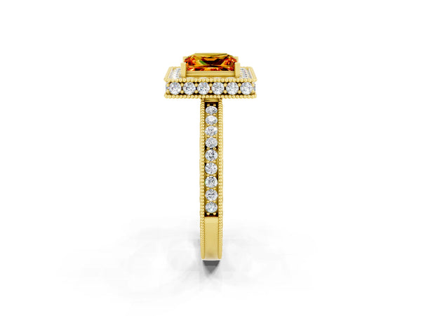 Yellow gold Princess Cut Halo Diamond Engagement Ring with Milgrain Pave Band and Four-Prong Setting