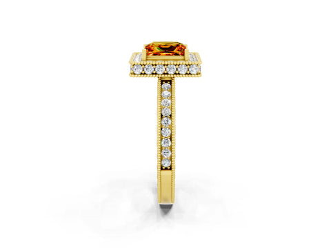 Yellow gold Princess Cut Halo Diamond Engagement Ring with Milgrain Pave Band and Four-Prong Setting_2