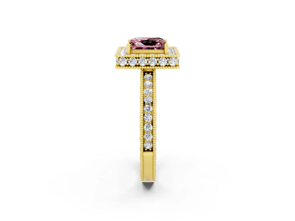 Yellow gold Princess Cut Halo Diamond Engagement Ring with Milgrain Pave Band and Four-Prong Setting
