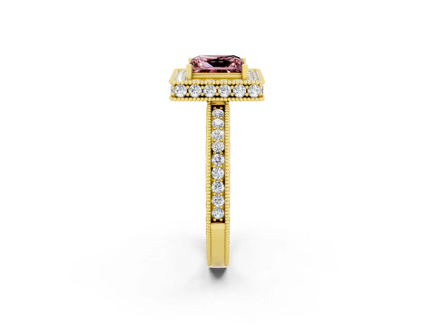 Yellow gold Princess Cut Halo Diamond Engagement Ring with Milgrain Pave Band and Four-Prong Setting_2