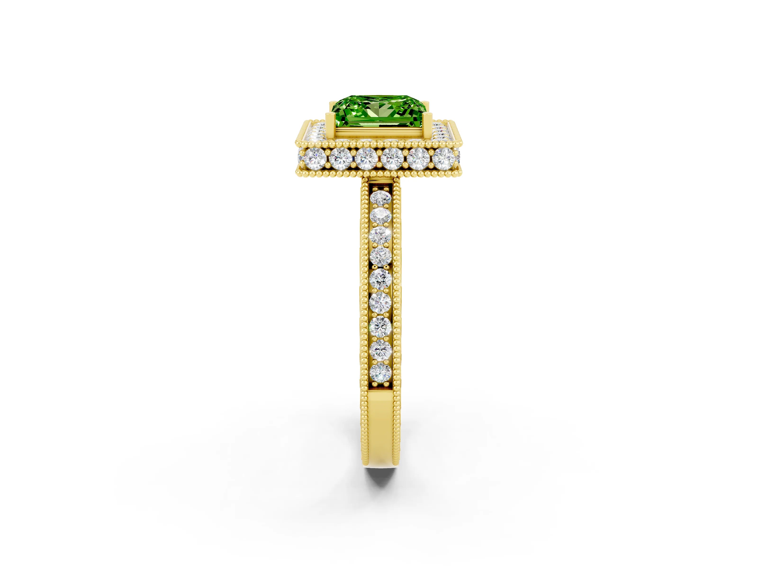 Yellow gold Princess Cut Halo Diamond Engagement Ring with Milgrain Pave Band and Four-Prong Setting_2