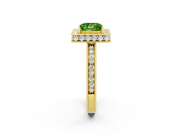 Yellow gold Princess Cut Halo Diamond Engagement Ring with Milgrain Pave Band and Four-Prong Setting
