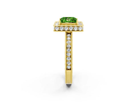 Yellow gold Princess Cut Halo Diamond Engagement Ring with Milgrain Pave Band and Four-Prong Setting_2