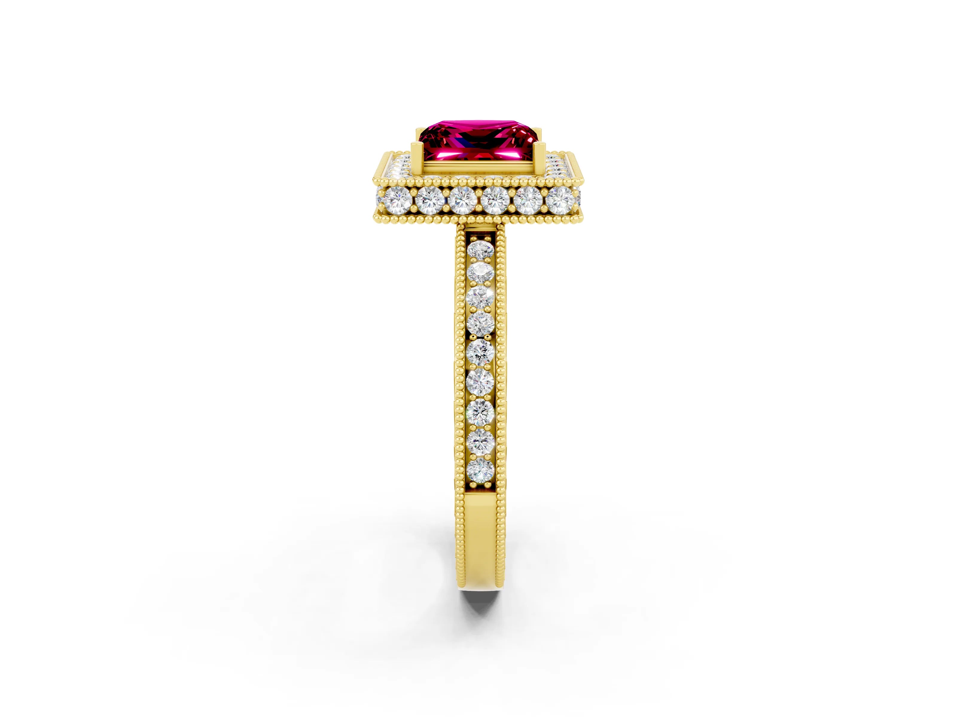 Yellow gold Princess Cut Halo Diamond Engagement Ring with Milgrain Pave Band and Four-Prong Setting_2