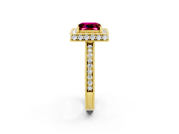 Yellow gold Princess Cut Halo Diamond Engagement Ring with Milgrain Pave Band and Four-Prong Setting