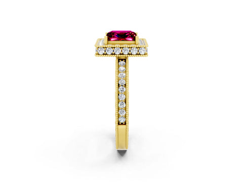 Yellow gold Princess Cut Halo Diamond Engagement Ring with Milgrain Pave Band and Four-Prong Setting_2