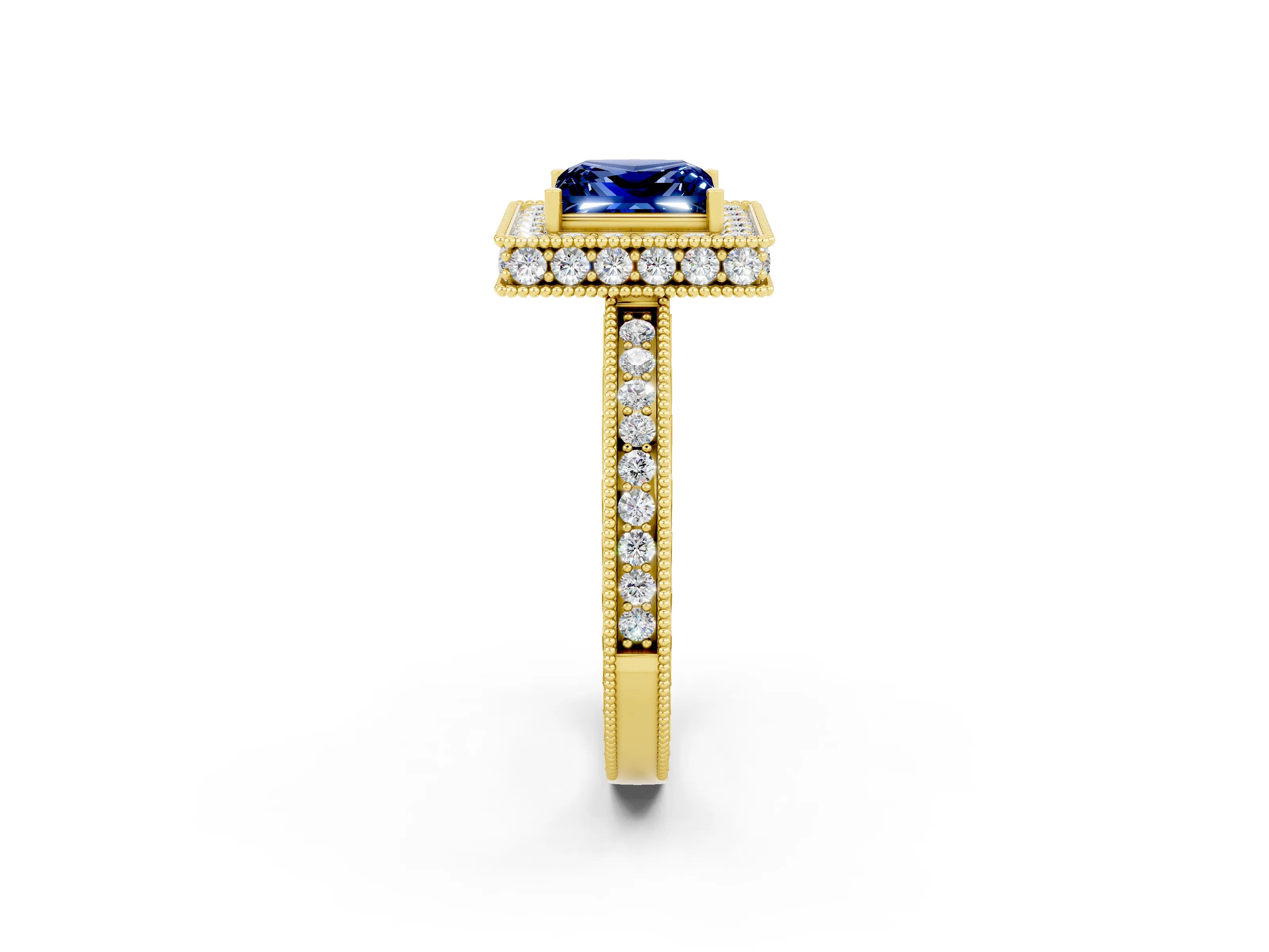 Yellow gold Princess Cut Halo Diamond Engagement Ring with Milgrain Pave Band and Four-Prong Setting_2