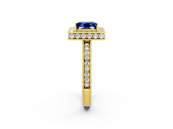 Yellow gold Princess Cut Halo Diamond Engagement Ring with Milgrain Pave Band and Four-Prong Setting