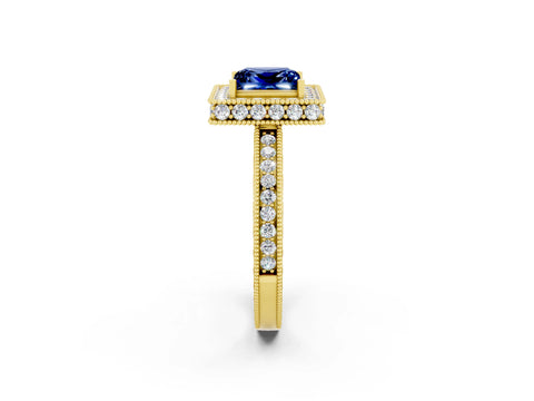 Yellow gold Princess Cut Halo Diamond Engagement Ring with Milgrain Pave Band and Four-Prong Setting_2