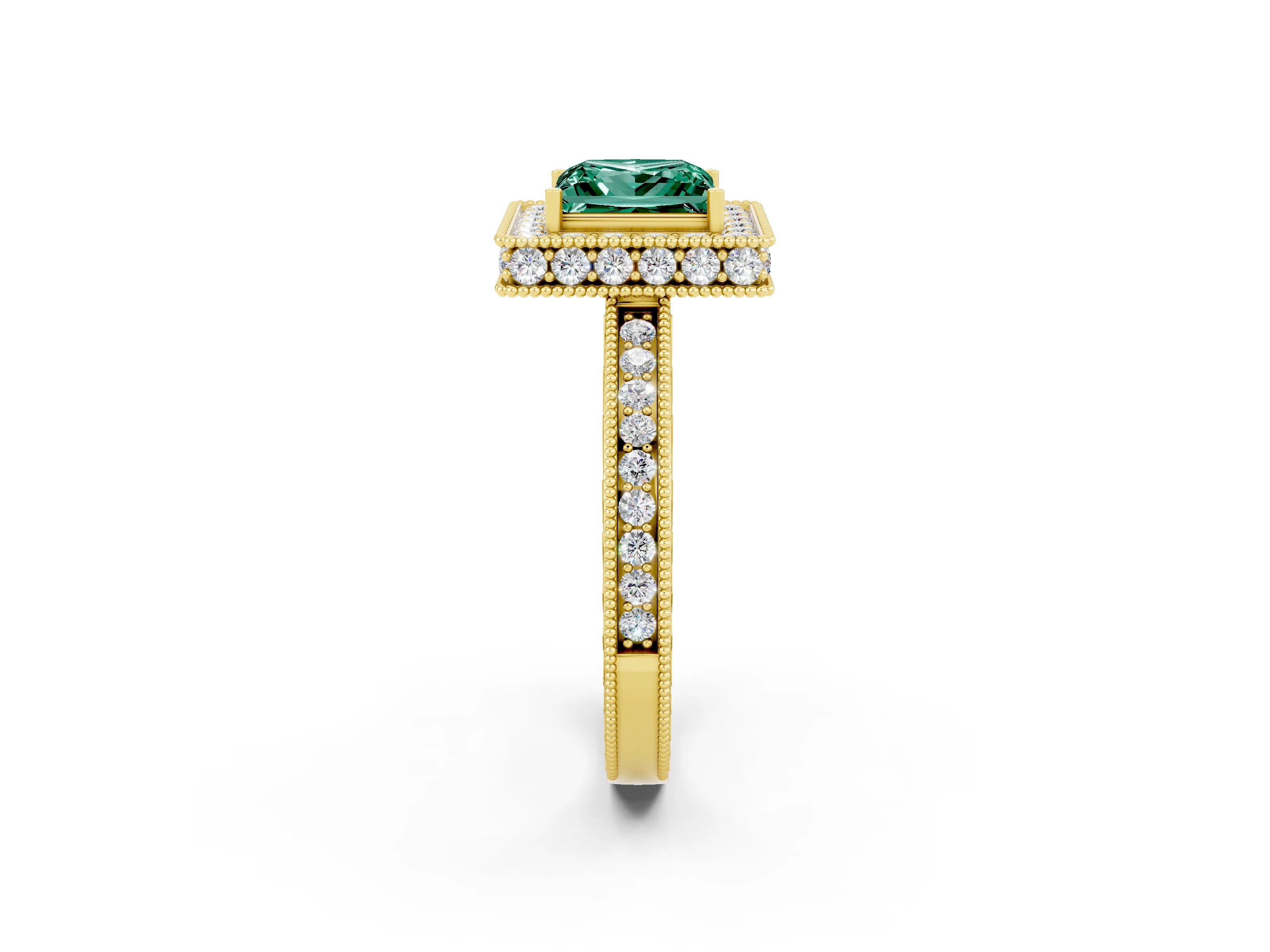 Yellow gold Princess Cut Halo Diamond Engagement Ring with Milgrain Pave Band and Four-Prong Setting_2