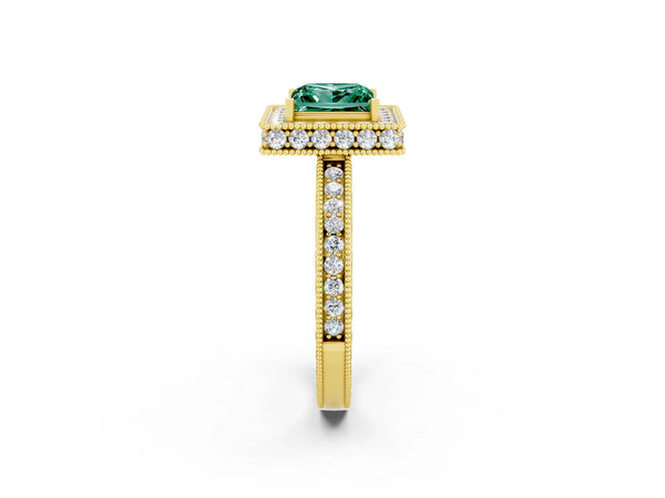 Yellow gold Princess Cut Halo Diamond Engagement Ring with Milgrain Pave Band and Four-Prong Setting