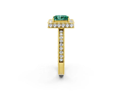 Yellow gold Princess Cut Halo Diamond Engagement Ring with Milgrain Pave Band and Four-Prong Setting_2
