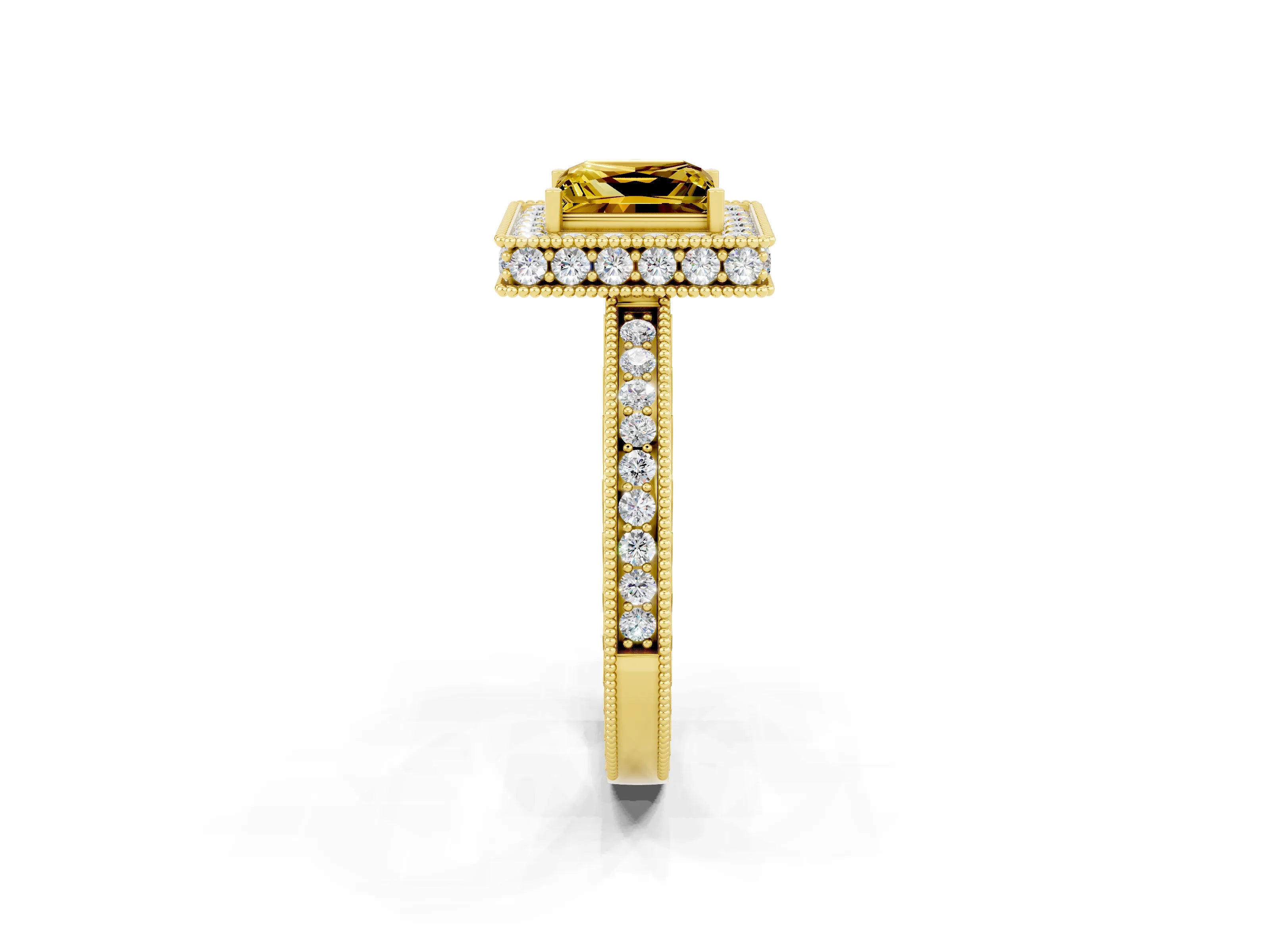 Yellow gold Princess Cut Halo Diamond Engagement Ring with Milgrain Pave Band and Four-Prong Setting_2