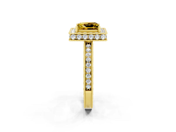 Yellow gold Princess Cut Halo Diamond Engagement Ring with Milgrain Pave Band and Four-Prong Setting