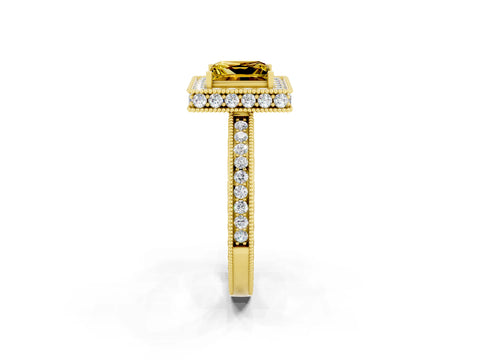 Yellow gold Princess Cut Halo Diamond Engagement Ring with Milgrain Pave Band and Four-Prong Setting_2