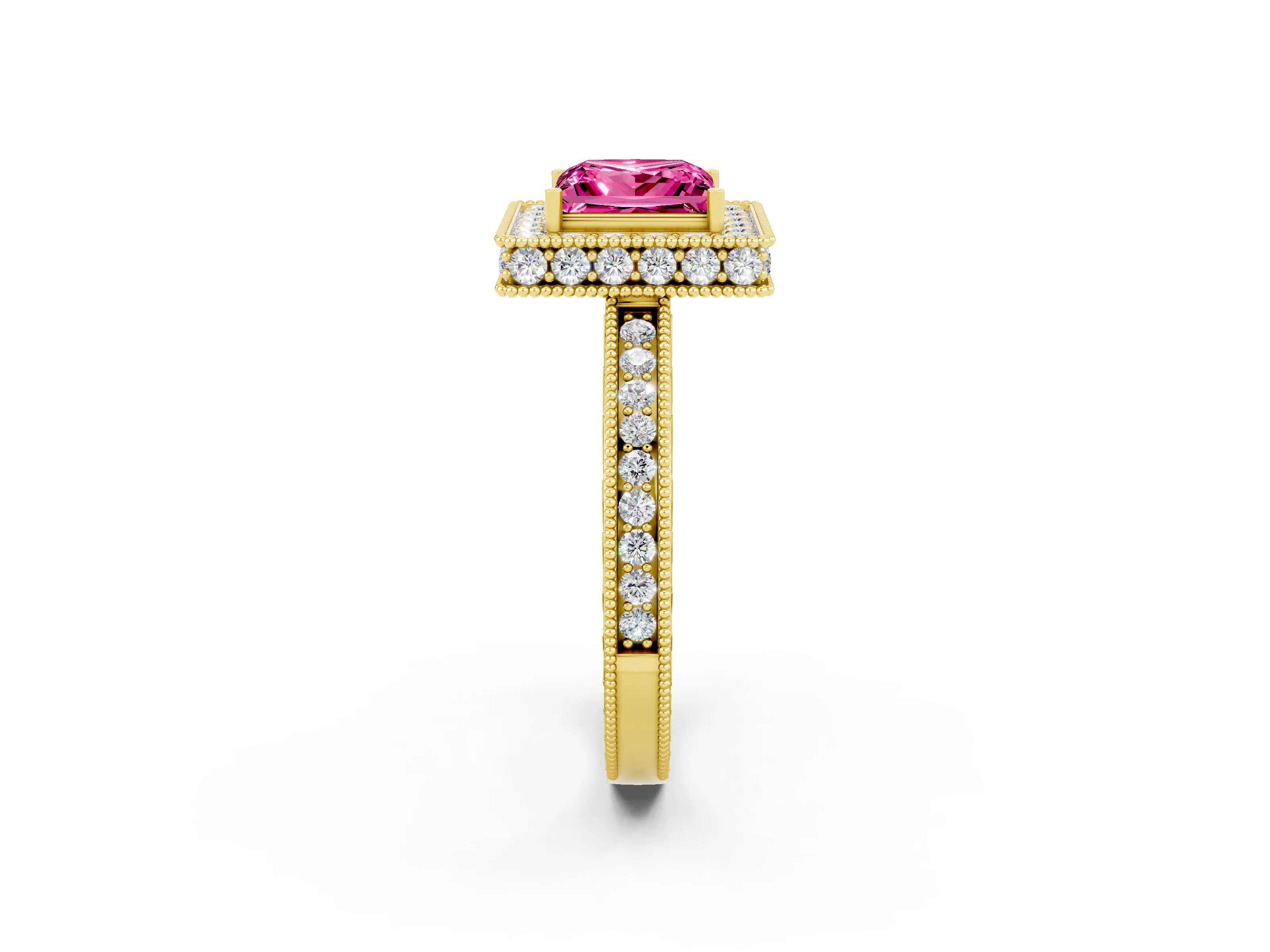 Yellow gold Princess Cut Halo Diamond Engagement Ring with Milgrain Pave Band and Four-Prong Setting_2