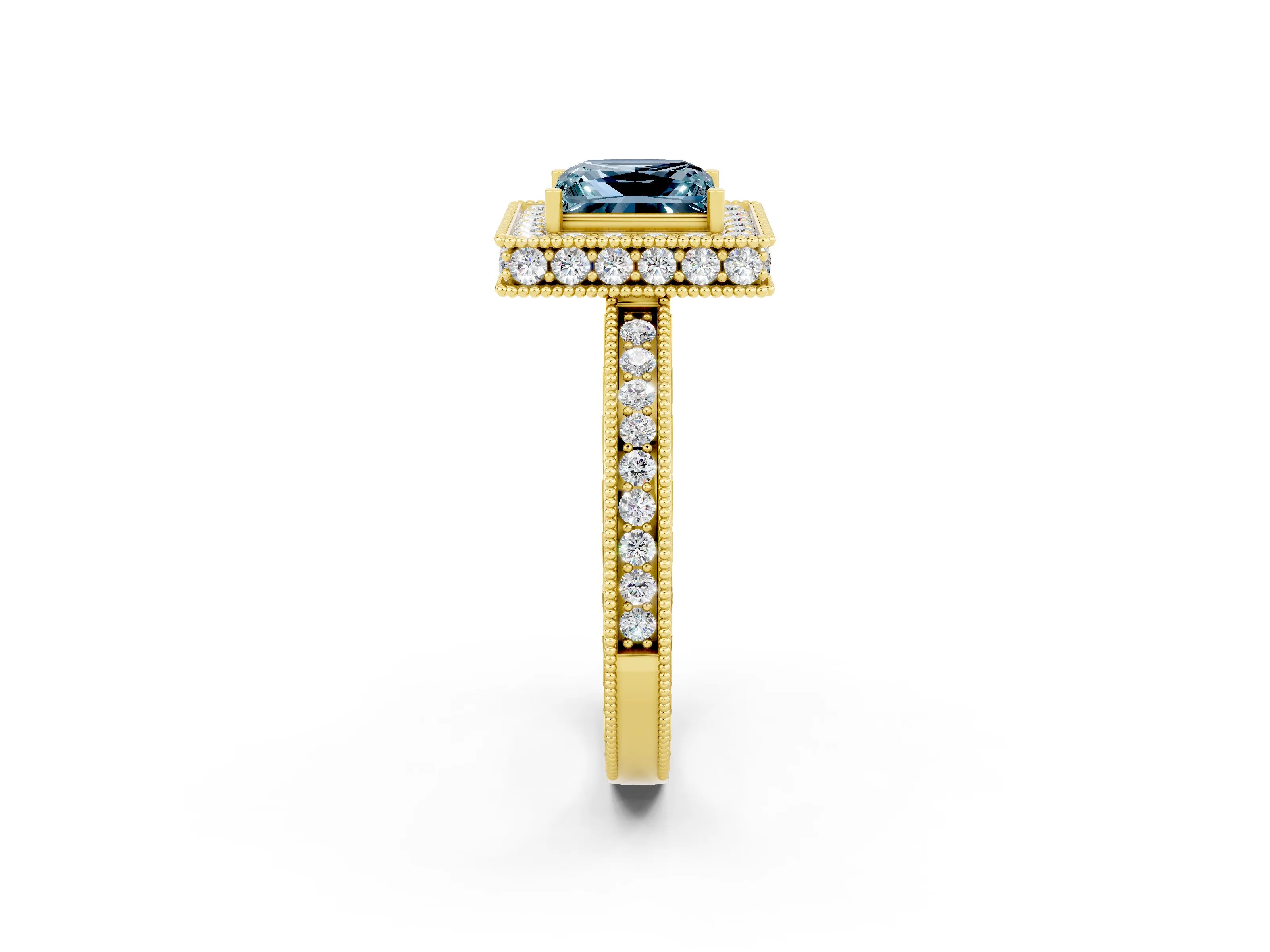 Yellow gold Princess Cut Halo Diamond Engagement Ring with Milgrain Pave Band and Four-Prong Setting_2