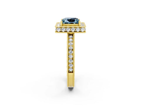 Yellow gold Princess Cut Halo Diamond Engagement Ring with Milgrain Pave Band and Four-Prong Setting_2