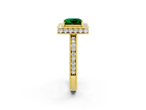 Yellow gold Princess Cut Halo Diamond Engagement Ring with Milgrain Pave Band and Four-Prong Setting_2