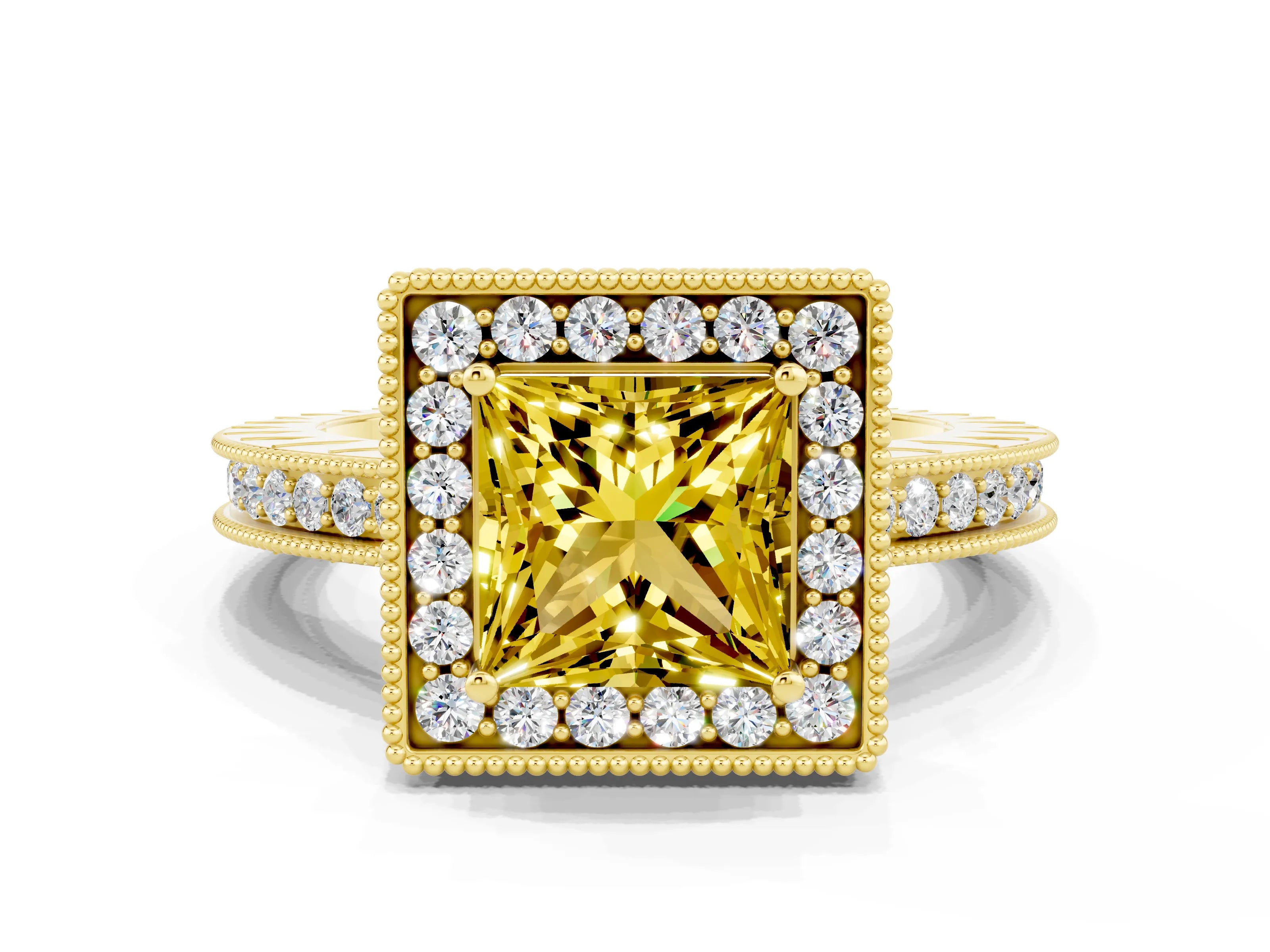 Yellow gold Princess Cut Halo Diamond Engagement Ring with Milgrain Pave Band and Four-Prong Setting