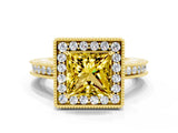 Yellow gold Princess Cut Halo Diamond Engagement Ring with Milgrain Pave Band and Four-Prong Setting