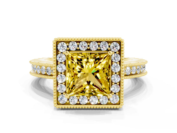 Yellow gold Princess Cut Halo Diamond Engagement Ring with Milgrain Pave Band and Four-Prong Setting
