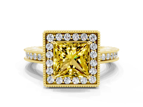 Yellow gold Princess Cut Halo Diamond Engagement Ring with Milgrain Pave Band and Four-Prong Setting