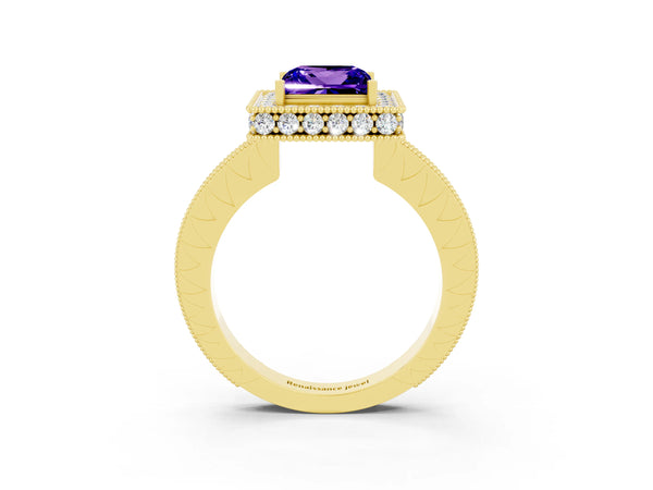 Yellow gold Princess Cut Halo Diamond Engagement Ring with Milgrain Pave Band and Four-Prong Setting