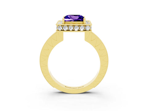 Yellow gold Princess Cut Halo Diamond Engagement Ring with Milgrain Pave Band and Four-Prong Setting_3