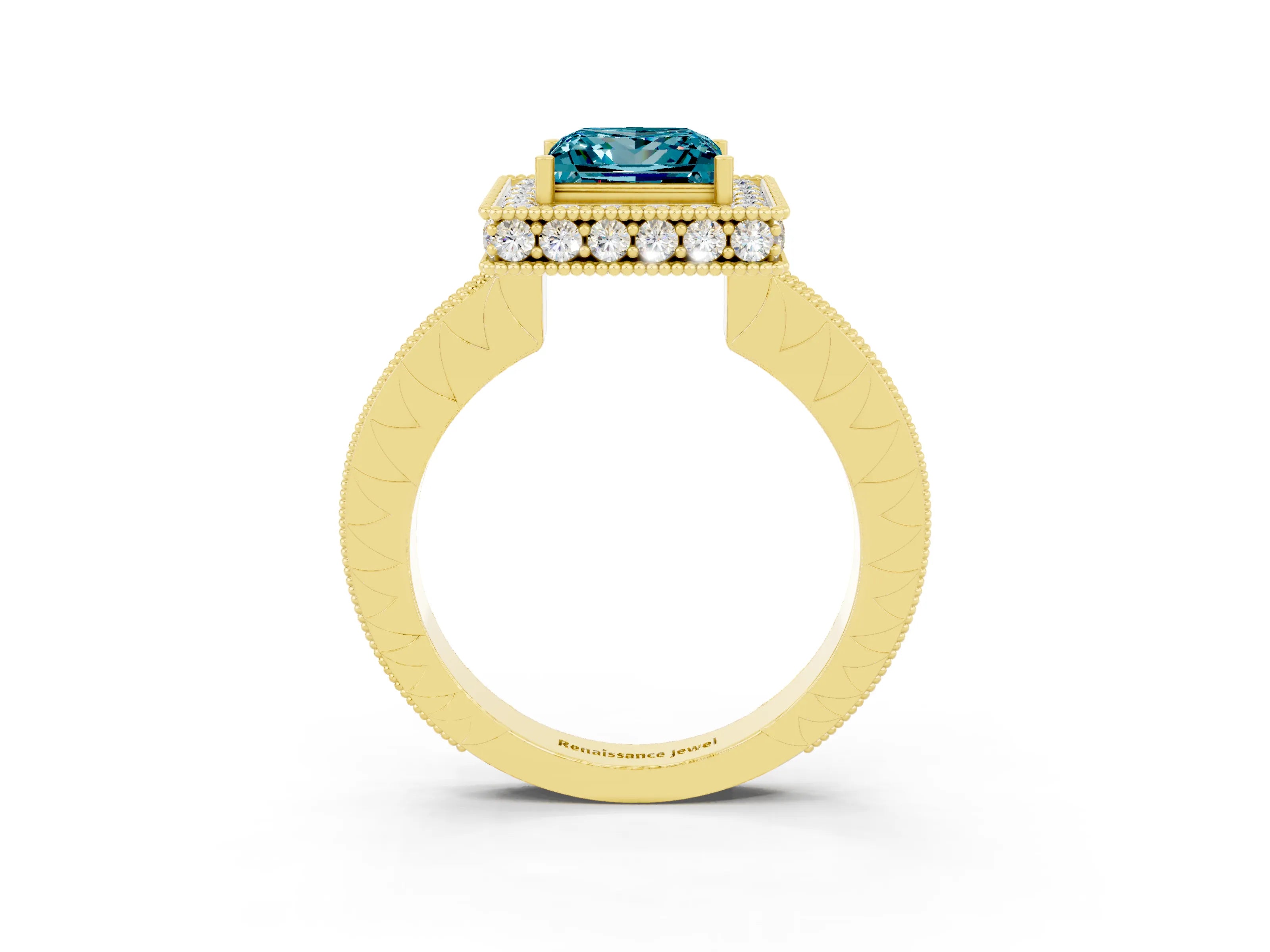 Yellow gold Princess Cut Halo Diamond Engagement Ring with Milgrain Pave Band and Four-Prong Setting_3
