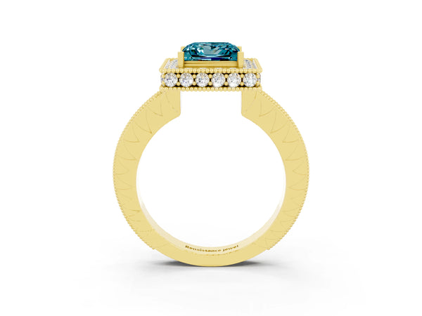 Yellow gold Princess Cut Halo Diamond Engagement Ring with Milgrain Pave Band and Four-Prong Setting