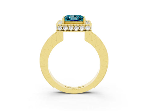 Yellow gold Princess Cut Halo Diamond Engagement Ring with Milgrain Pave Band and Four-Prong Setting_3