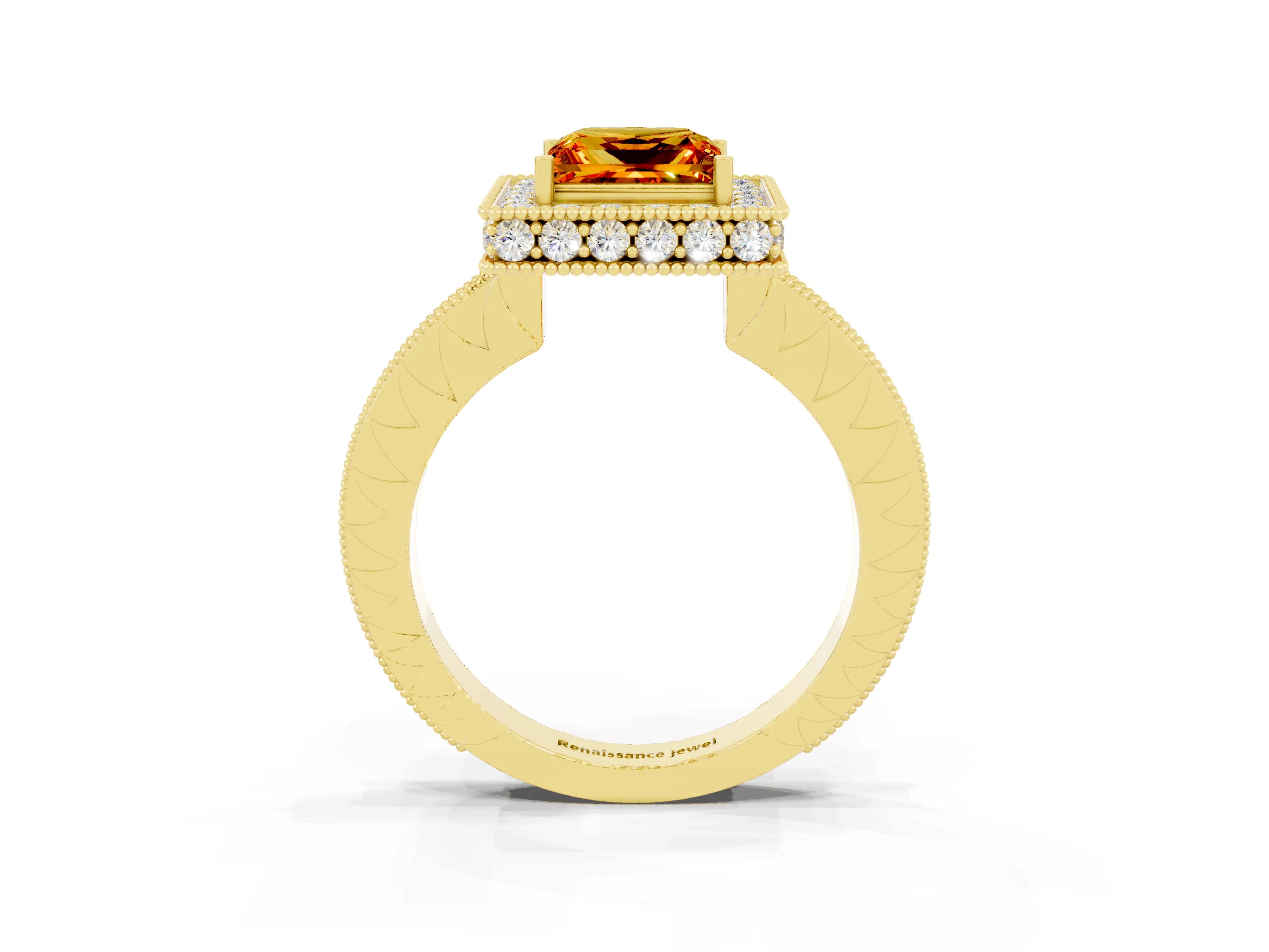 Yellow gold Princess Cut Halo Diamond Engagement Ring with Milgrain Pave Band and Four-Prong Setting_3